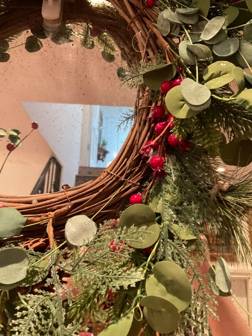 Set of three 22” Christmas wreaths with faux pine, eucalyptus and holy berries